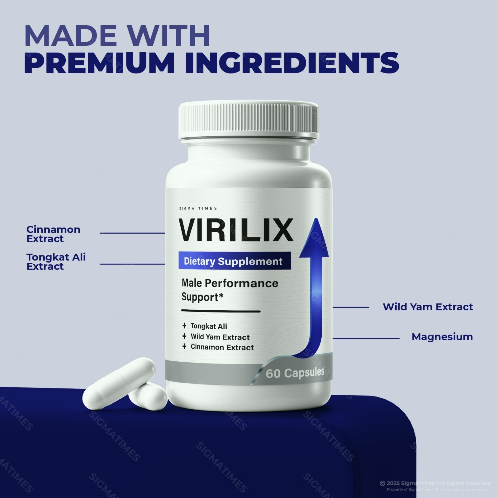 Virilix dietary supplement bottle and capsules